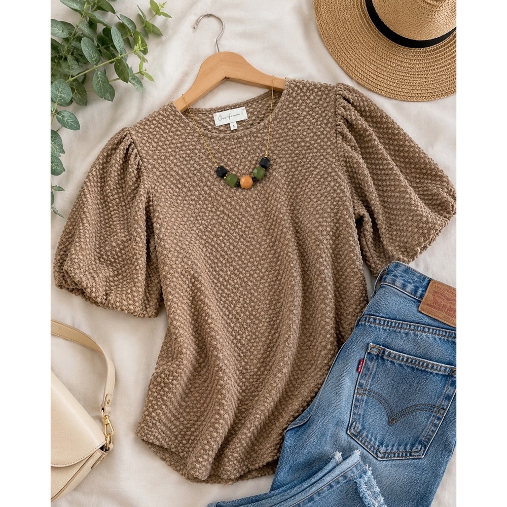 Ces Femme Puff Sleeve Top Womens S Taupe Textured‎ Popcorn Neutral Boho